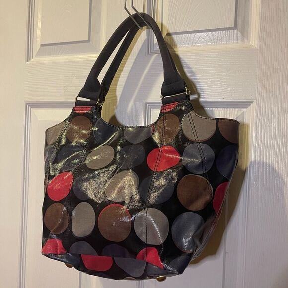 Biden coated canvas multi color Polka Dot medium Tote Bag Brass hardwares - Picture 4 of 11